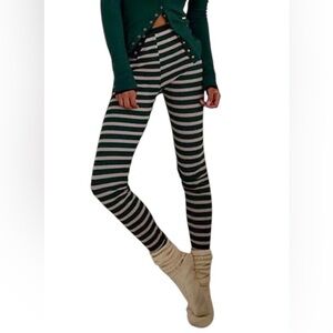 Free People Womens Large L Leggings Green Striped Stretch Pants Cottagecore Boho